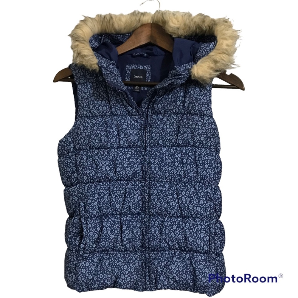 Gap Girls Blue Puffer Floral Print Sleeveless Hoodie with Faux Fur Jacket XXL